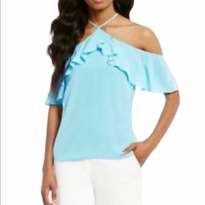 Gianni Bini Carla Knit Top Aqua Blue Cold Shoulder Ruffle Criss Cross NWT